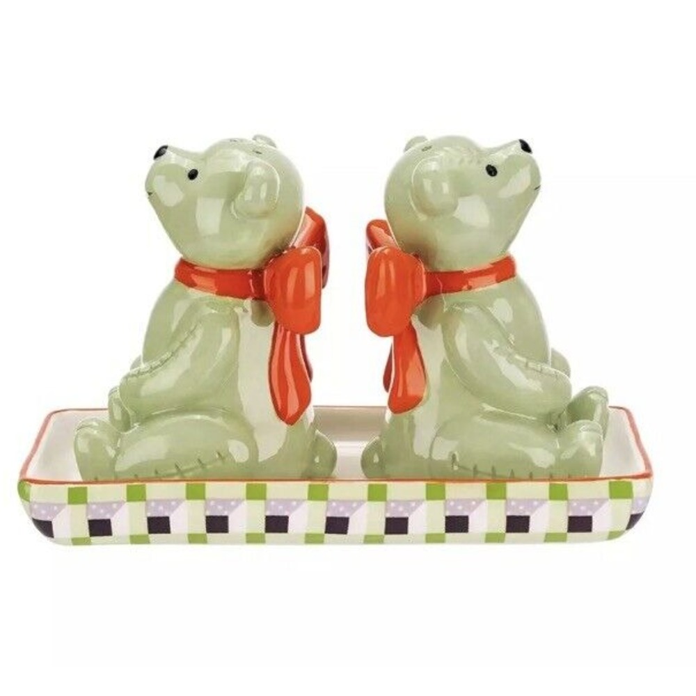 Cath Kidston Green Christmas Bears Salt & Pepper Shakers Set in Ceramic Tray NEW